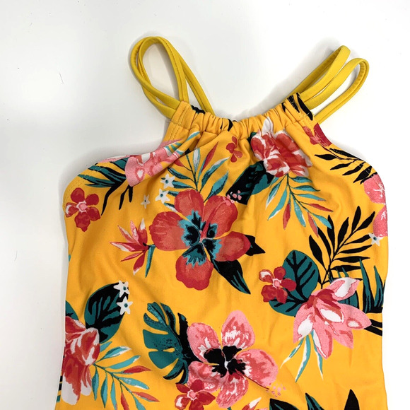 Kanu Surf Girls One Piece Swimsuit Size 6 Yellow Floral Crisscross Straps Tropic - Picture 2 of 9